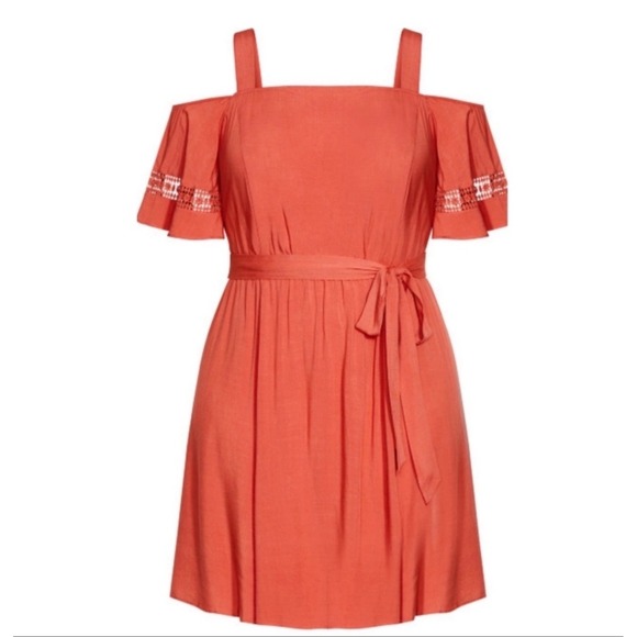 City Chic Burnt Coral Off Shoulder Tie @ Waist Cold Shoulder Eyelet Dress S 16 - Picture 2 of 16